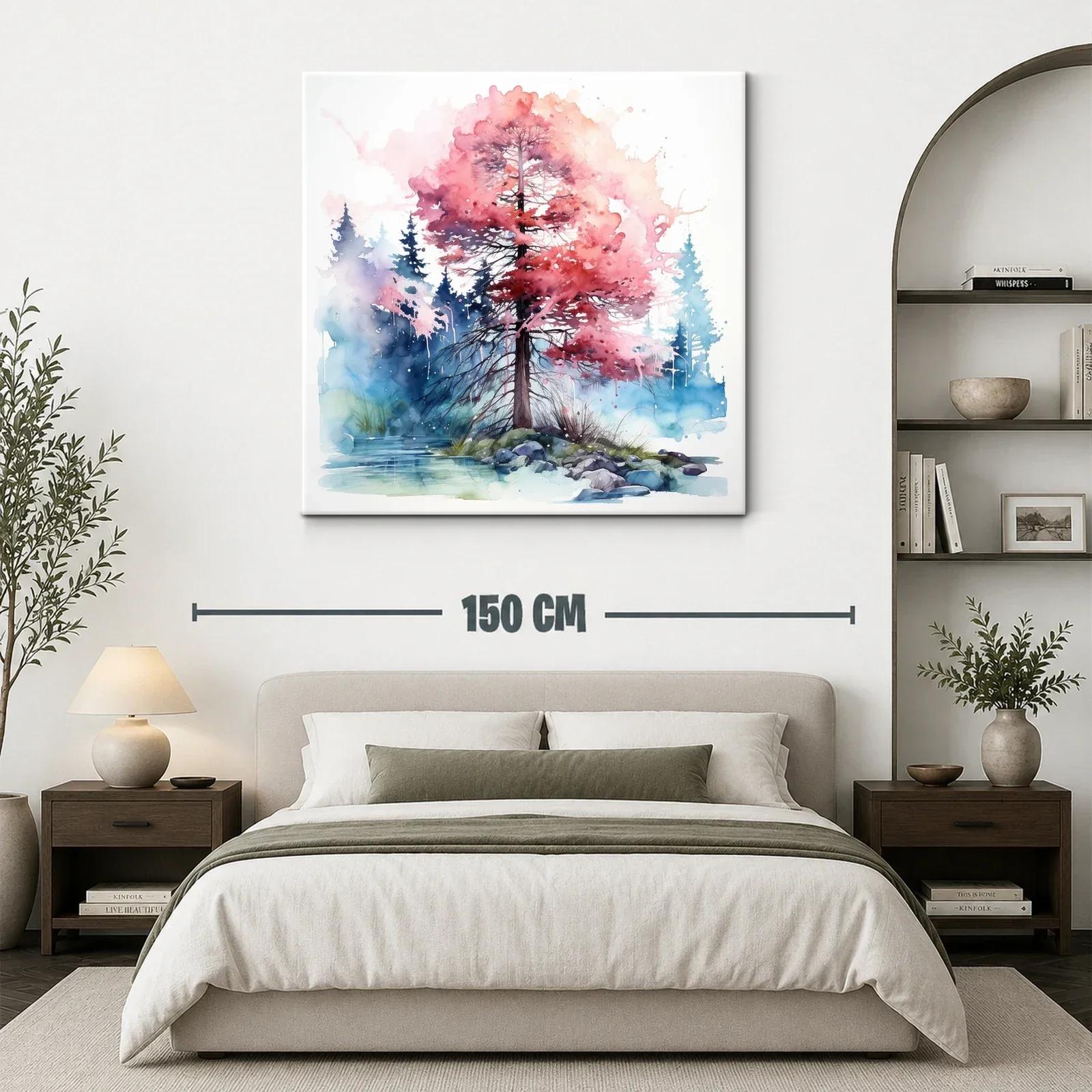 Árbol en otoño con hojas rosas y fondo de bosque azul — miniatura 3