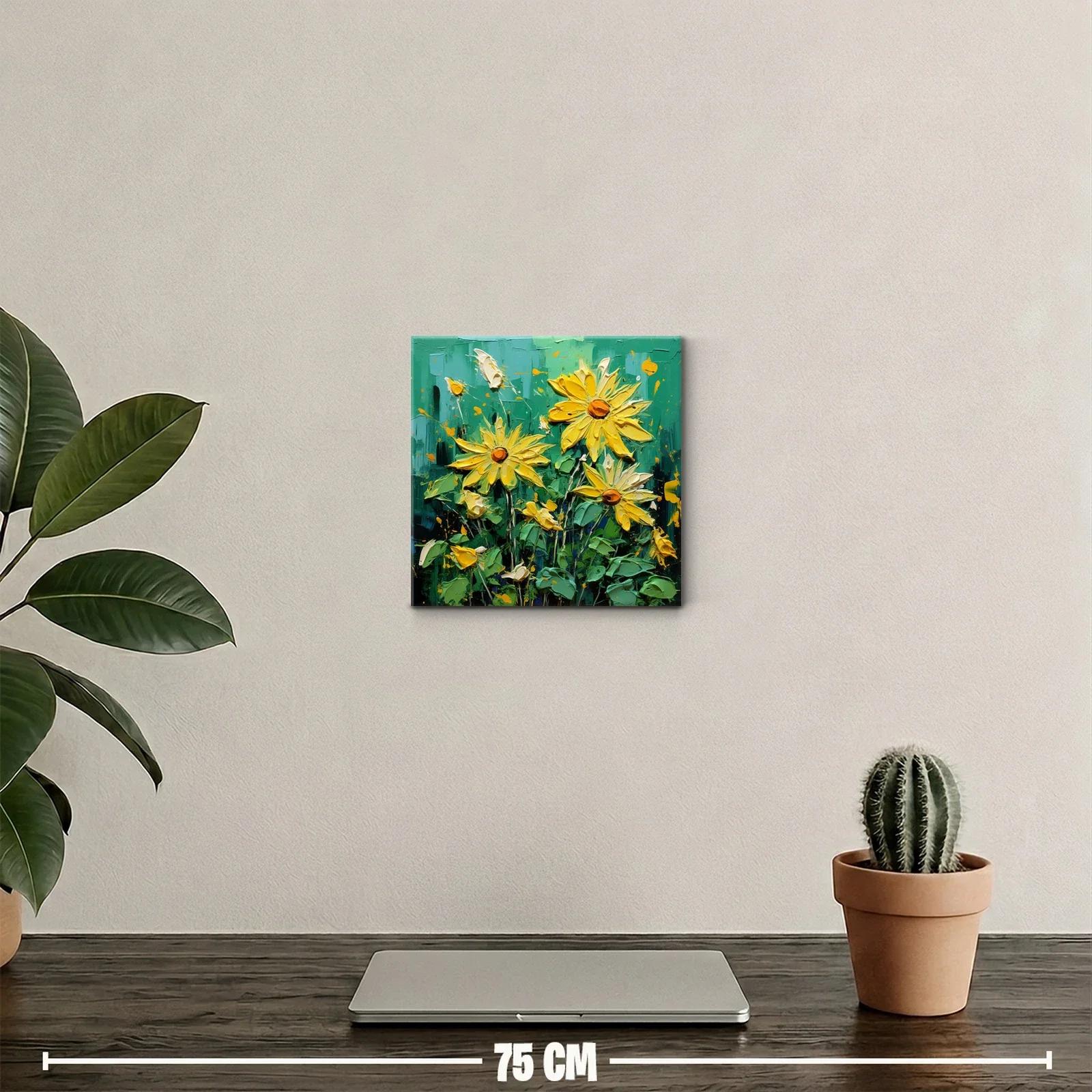 Cuadro vibrante con flores amarillas sobre fondo verde intenso — miniatura 2