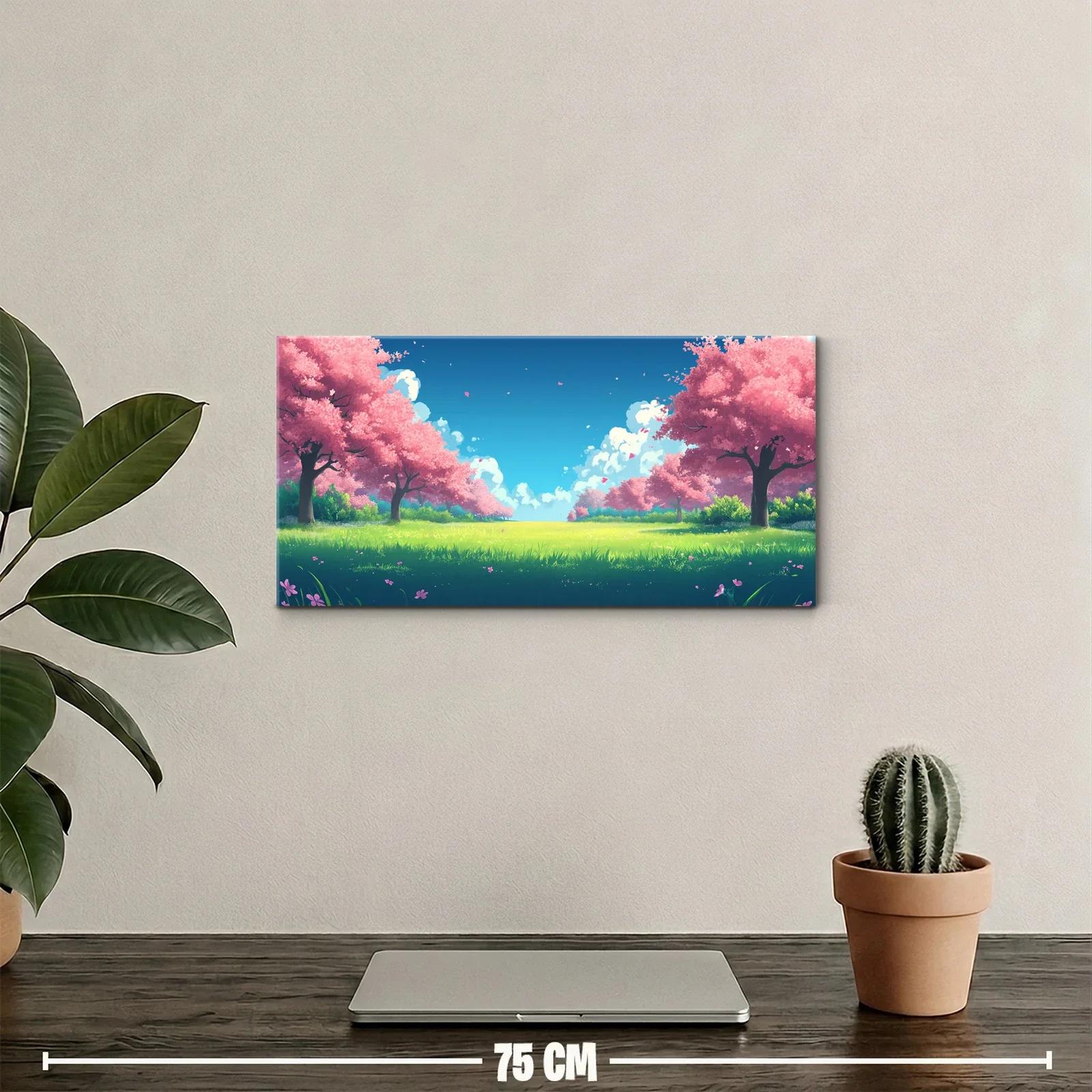 Cuadro camino entre cerezos en flor con pétalos esparcidos — miniatura 2