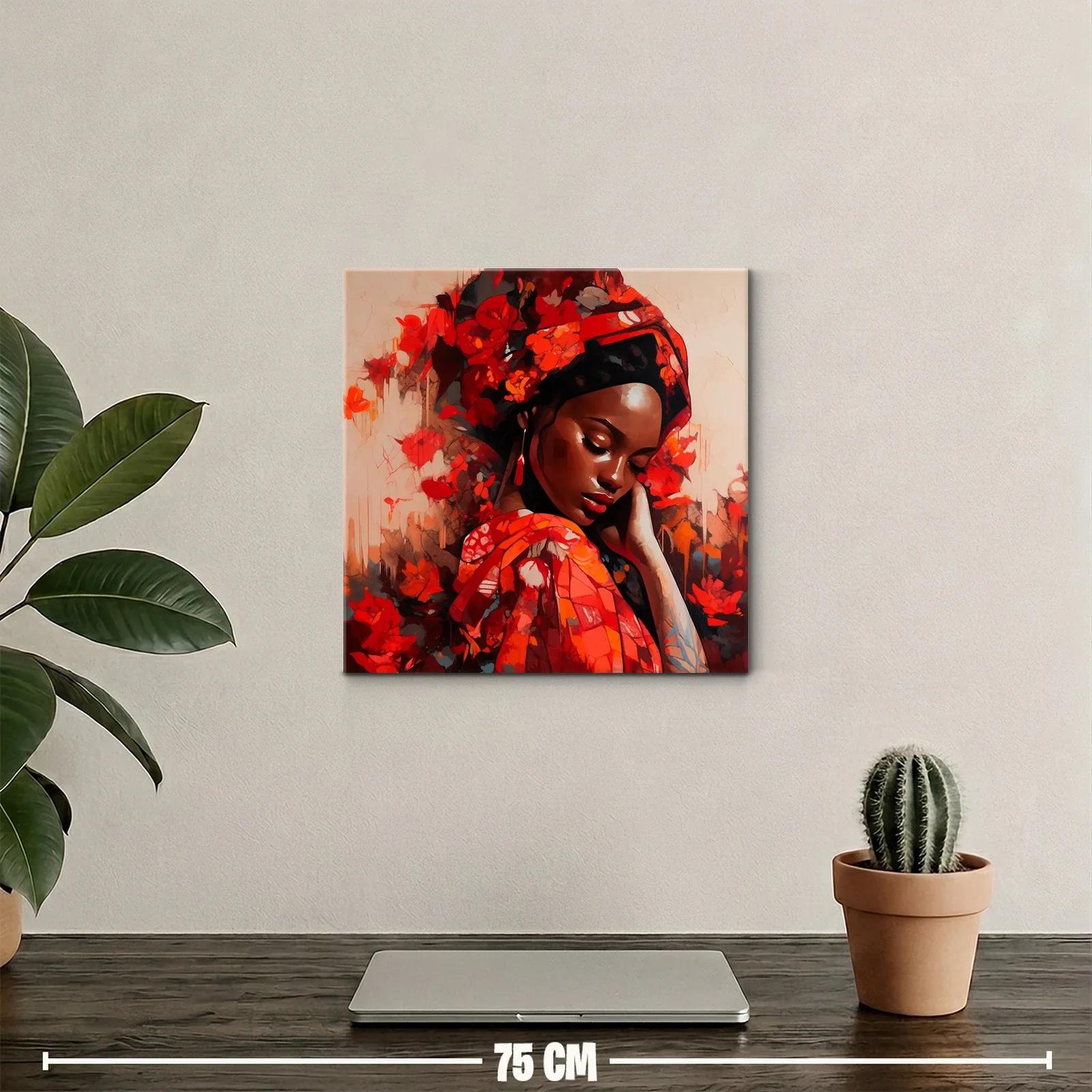 Retrato femenino rodeado de flores en tonos rojos vibrantes — miniatura 2