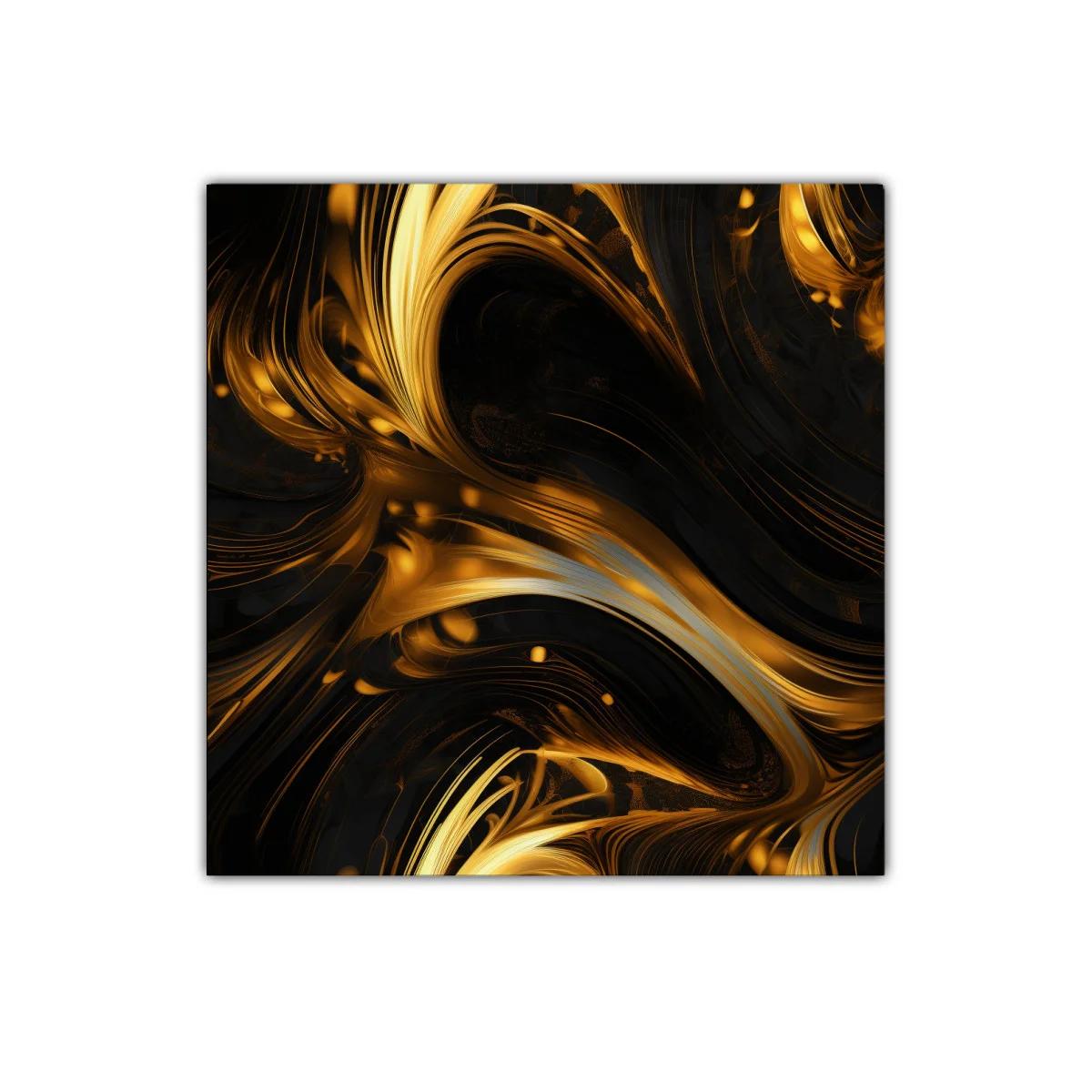 Composición abstracta en tonos dorados y negros con movimiento fluido