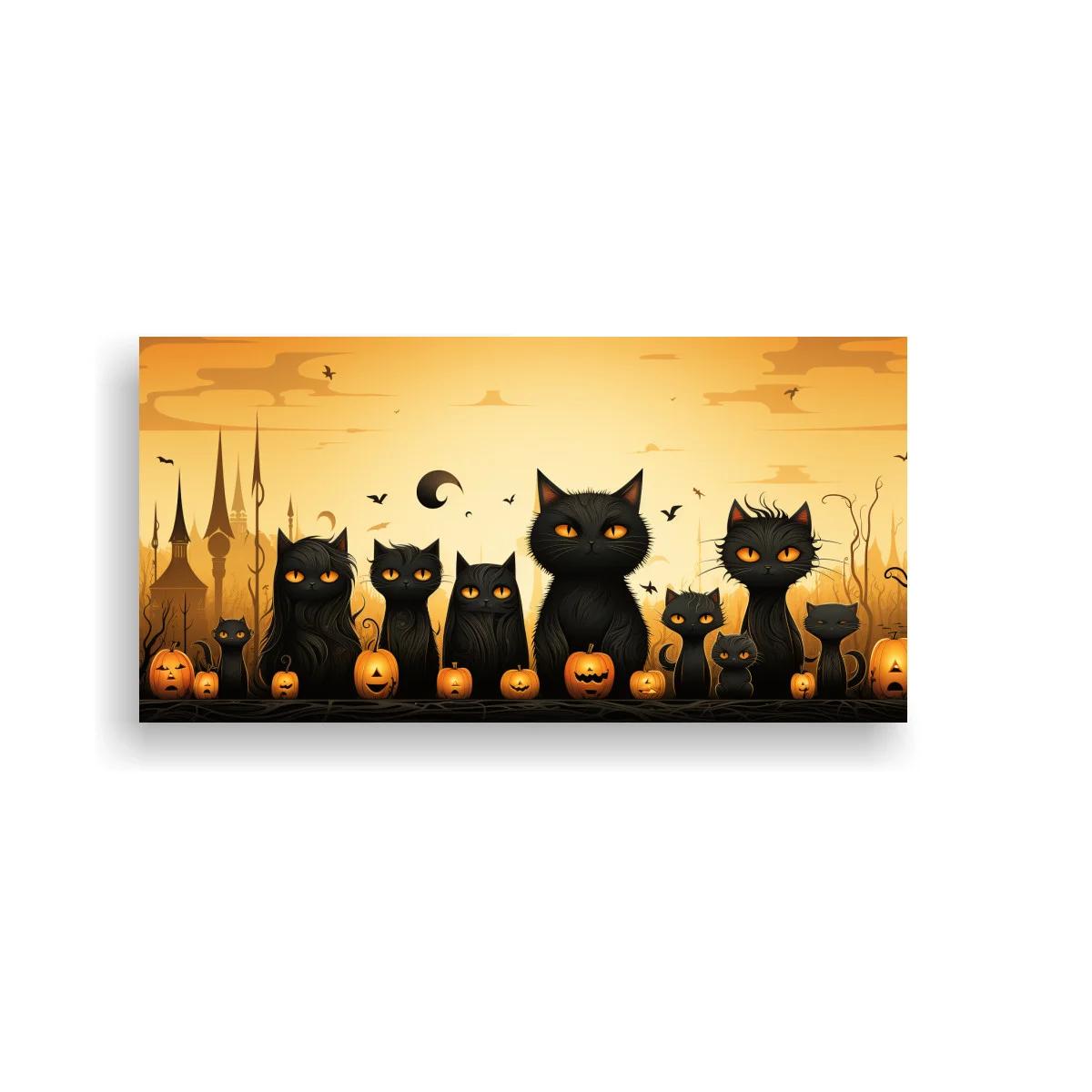 Cuadro gatos negros y calabazas de Halloween con murciélagos