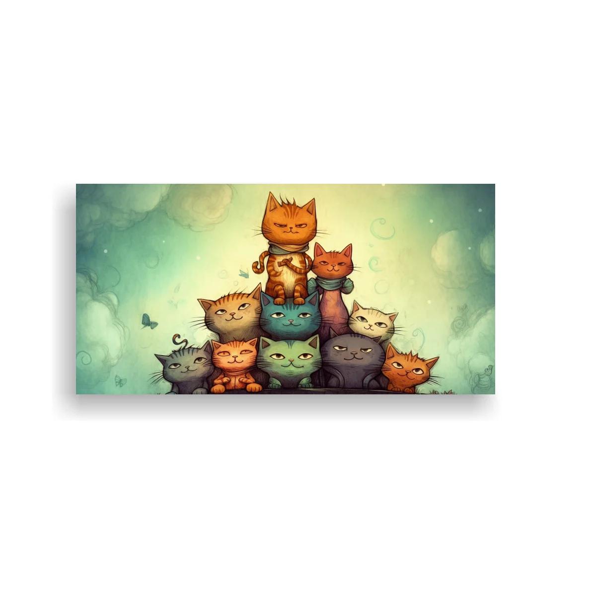 Cuadro grupo de gatos con fondo etéreo de nubes