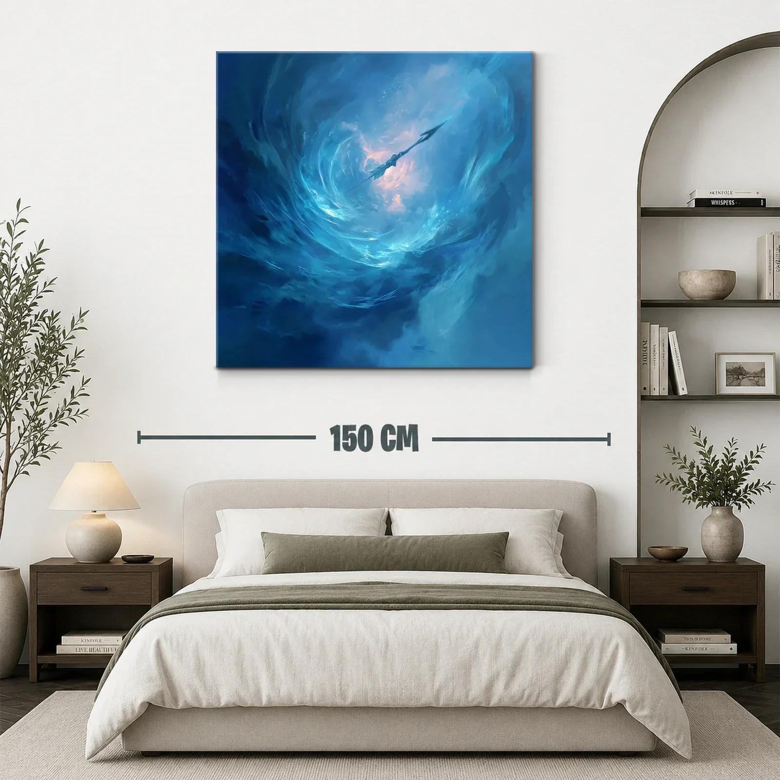 Cuadro abstracto con remolino y lanza en tonos azules — miniatura 3