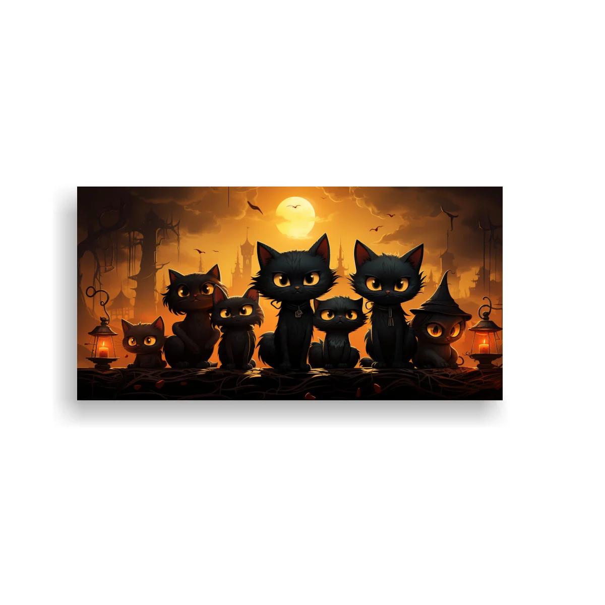 Cuadro grupo de gatos negros con luna llena y gatito brujo — imagen principal