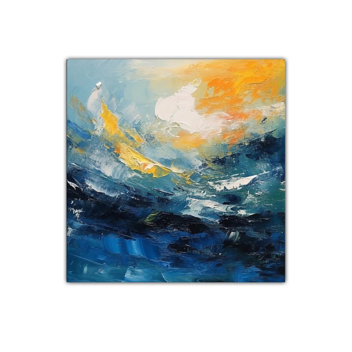 Cuadro abstracto con dinámicas olas y cielo en tonos cálidos — miniatura 1