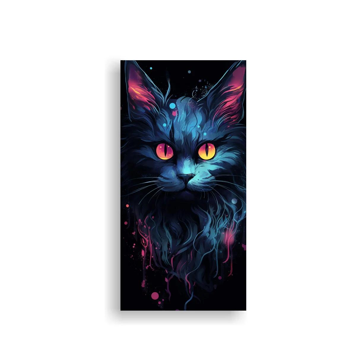 Cuadro gato negro de ojos brillantes y goteos neón