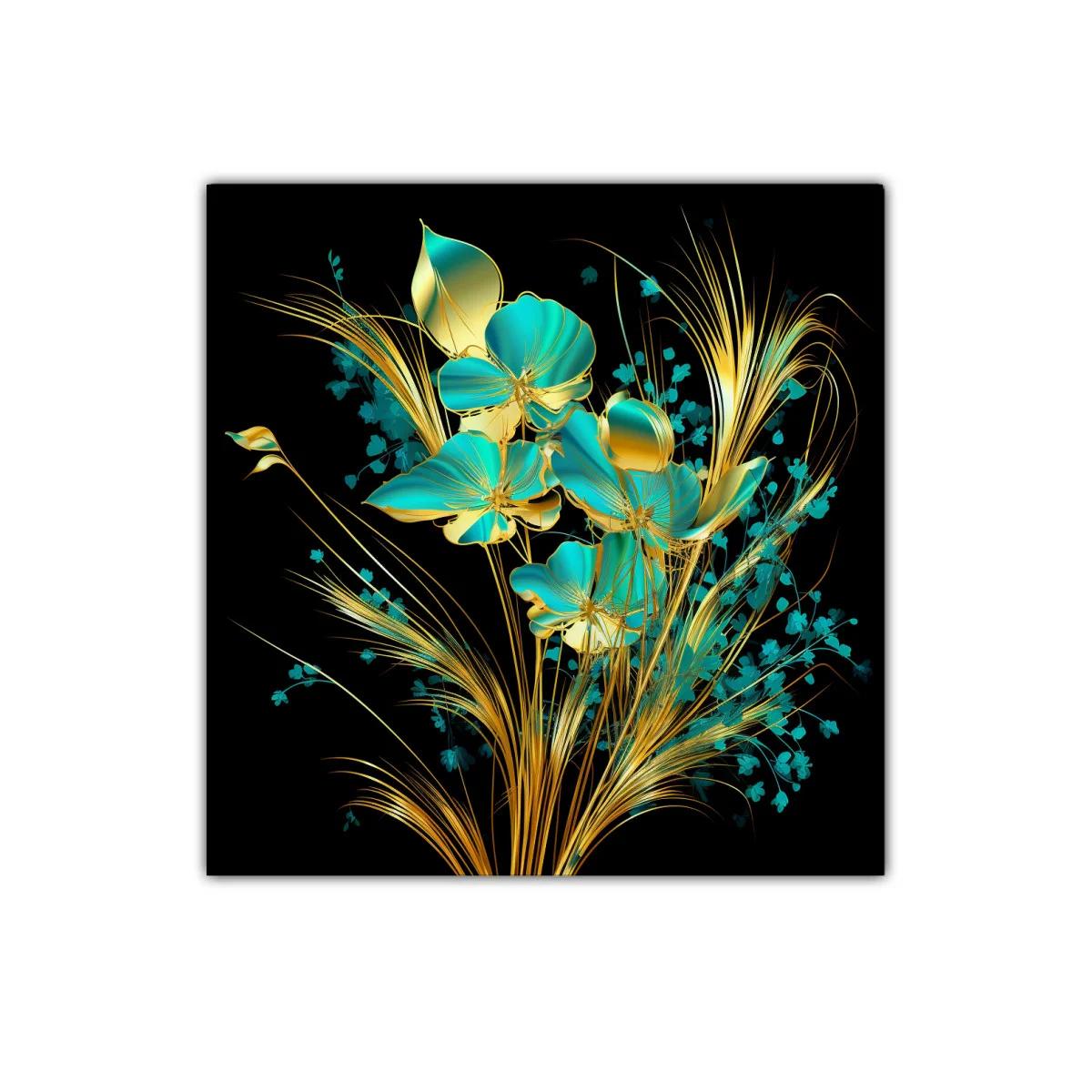 Flores doradas y turquesas sobre fondo oscuro elegante — imagen principal