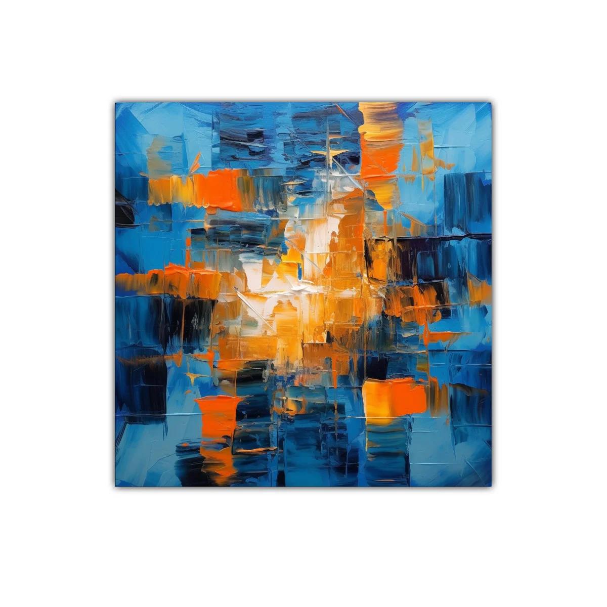 Cuadro abstracto en tonos azules y naranjas vibrantes