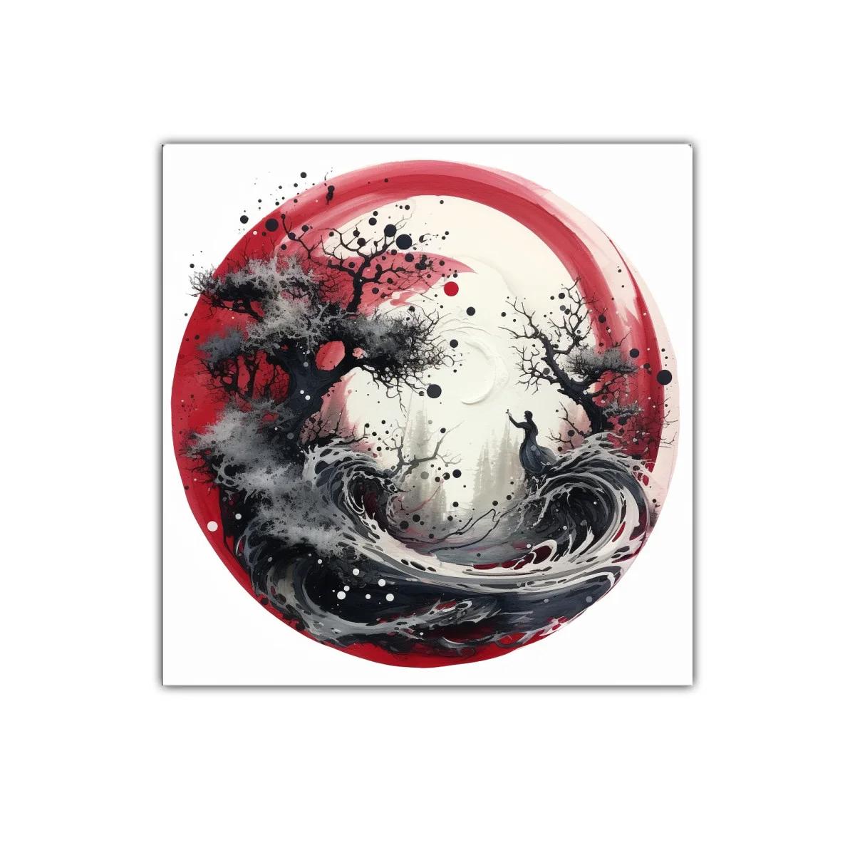 Cuadro decorativo con escena onírica en tonos rojos y negros