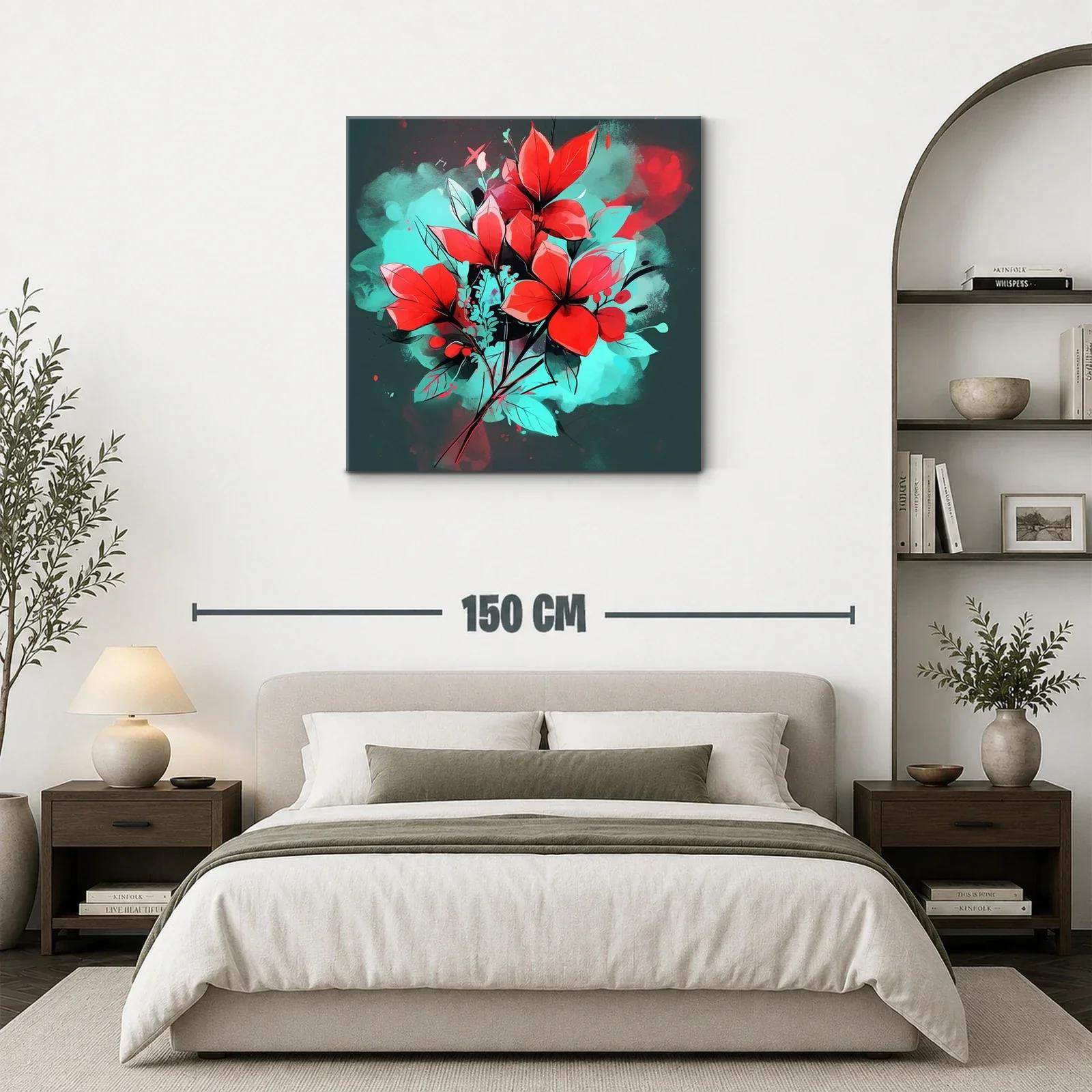 Cuadro floral vibrante con contraste rojo y turquesa — miniatura 3