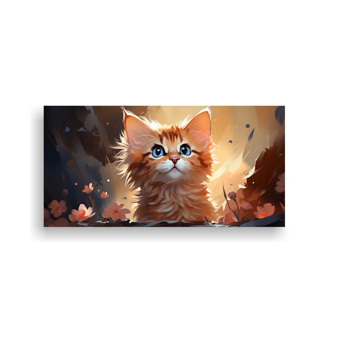 Cuadro gatito naranja de ojos azules entre flores y luz intensa