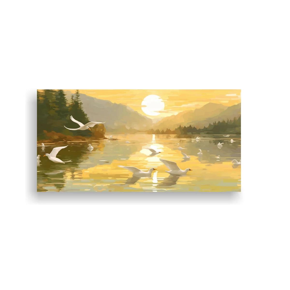 Cuadro lago al atardecer con cisnes y sol reflejado