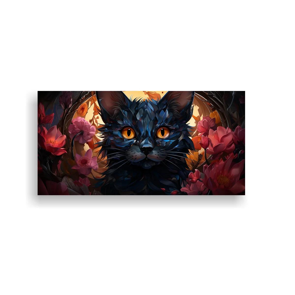 Cuadro gato negro de ojos ámbar con halo dorado