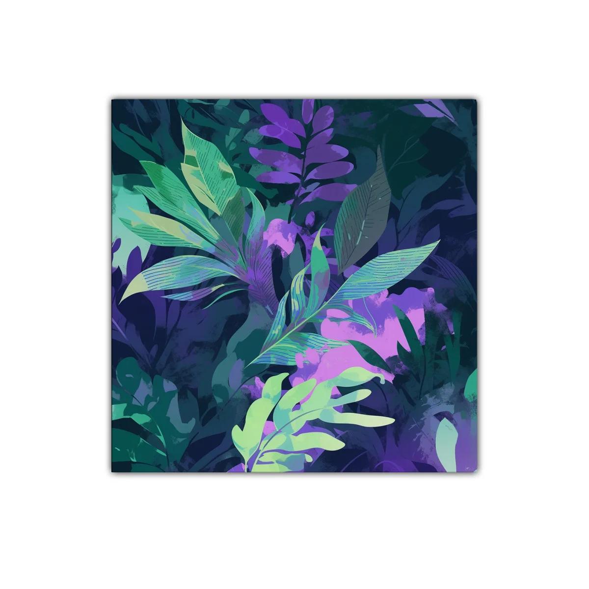 Cuadro decorativo con hojas en tonos violetas y verdes — imagen principal