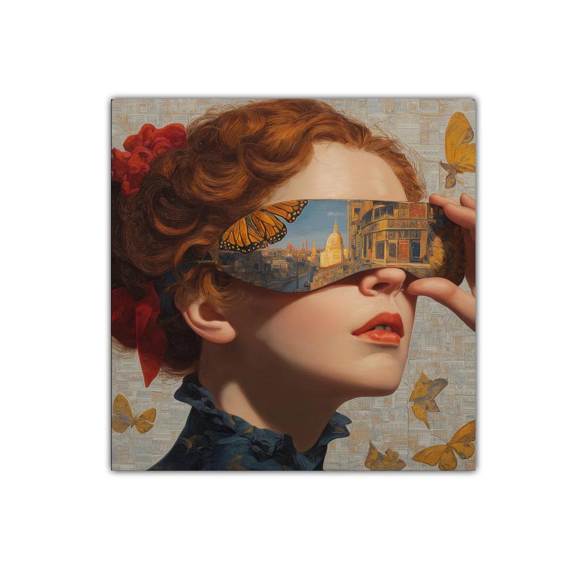 Rostro femenino con reflejo urbano y mariposas doradas — imagen principal