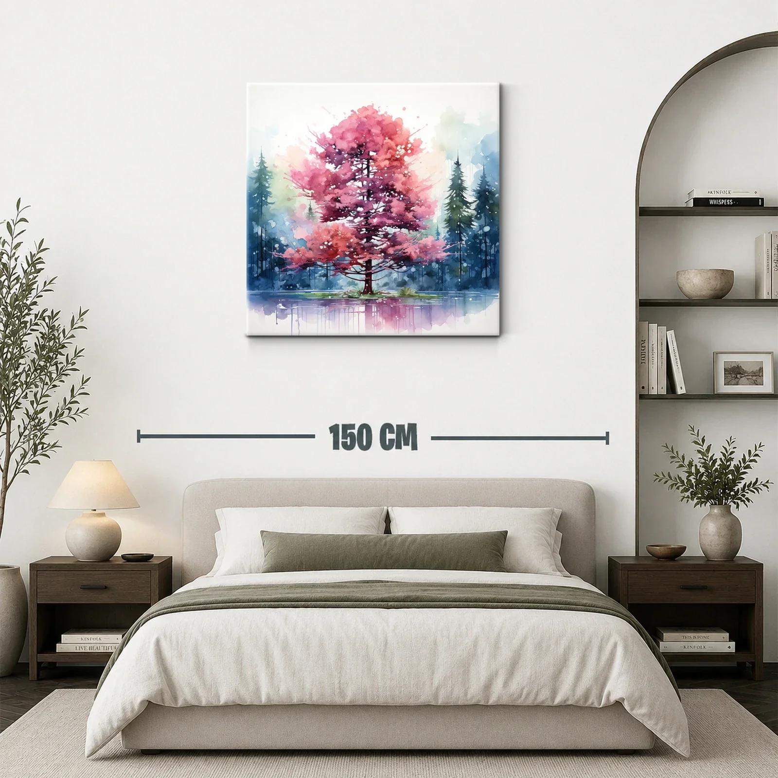 Árbol rosa en lago con fondo de pinos azules y verdes — miniatura 3