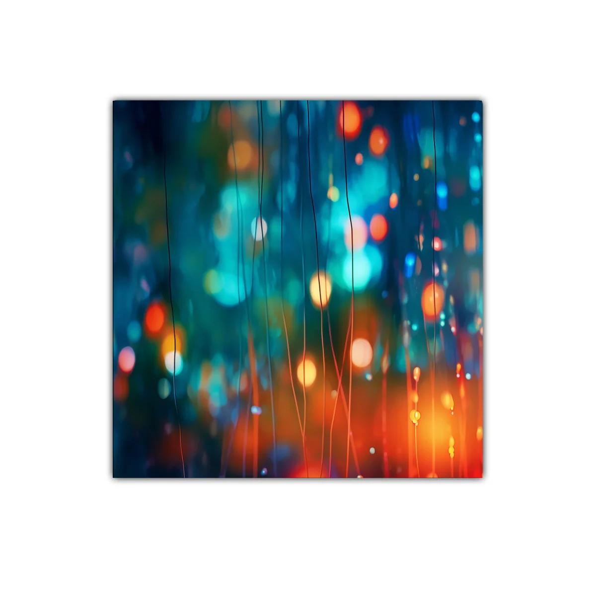 Cuadro abstracto con luces en tonos azul y naranja vibrante