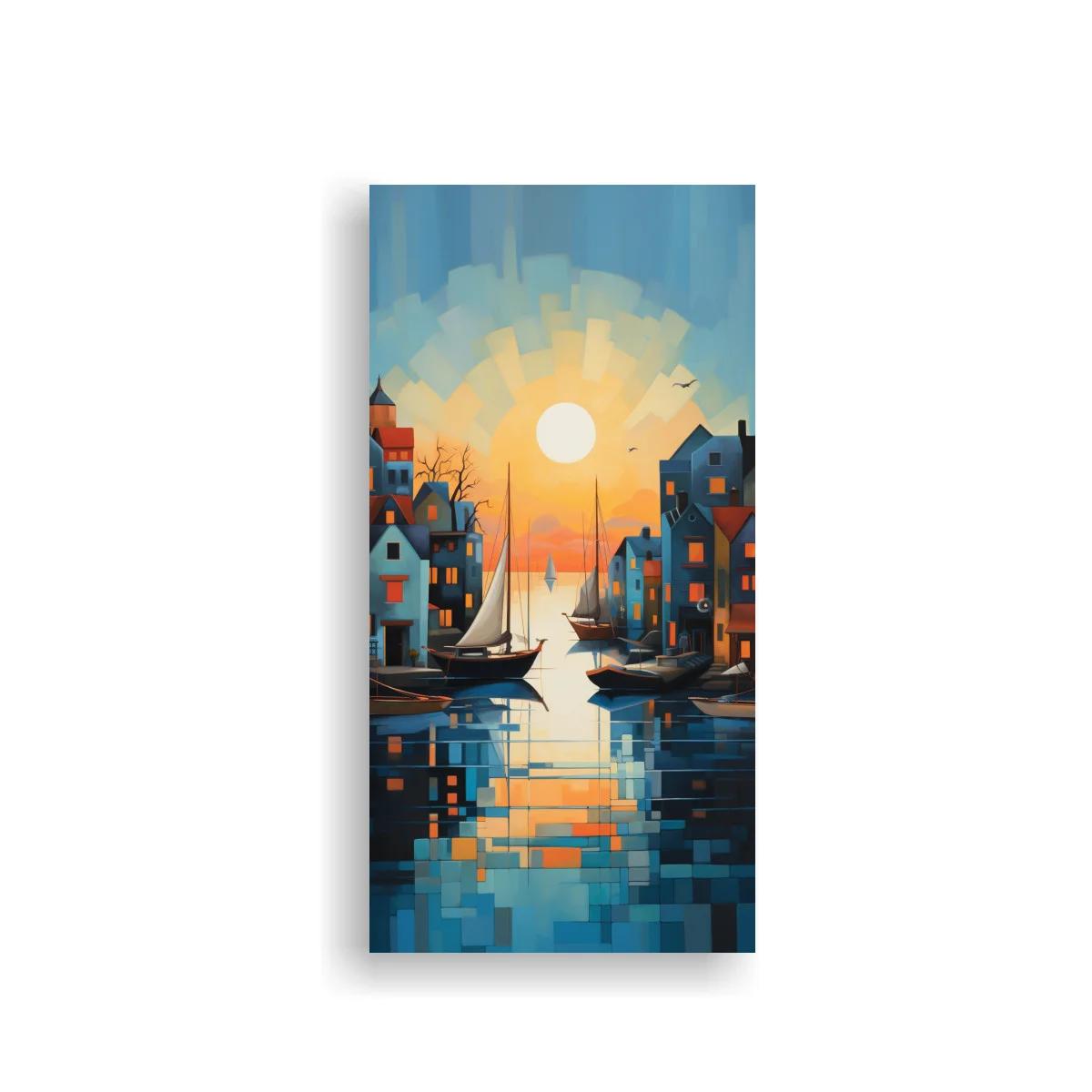 Cuadro canal al atardecer con dos veleros — imagen principal