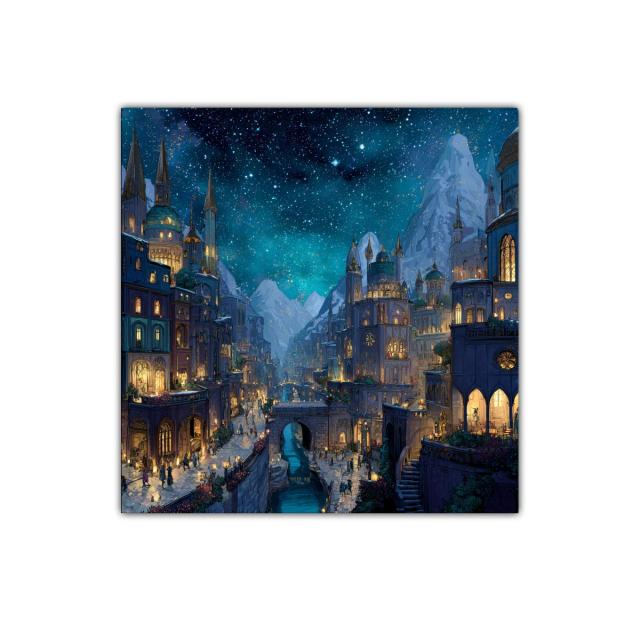 Ciudad fantástica nocturna bajo un cielo estrellado brillante