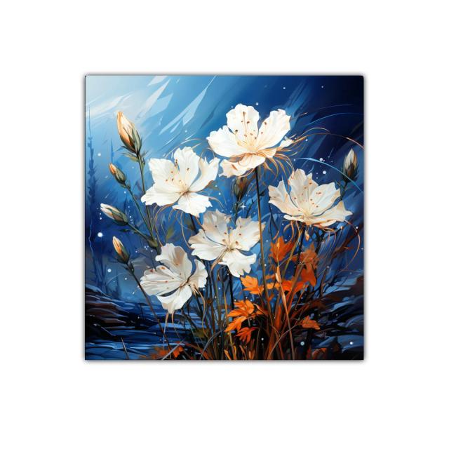 Flores blancas delicadas entre tonos azules y naranjas vibrantes