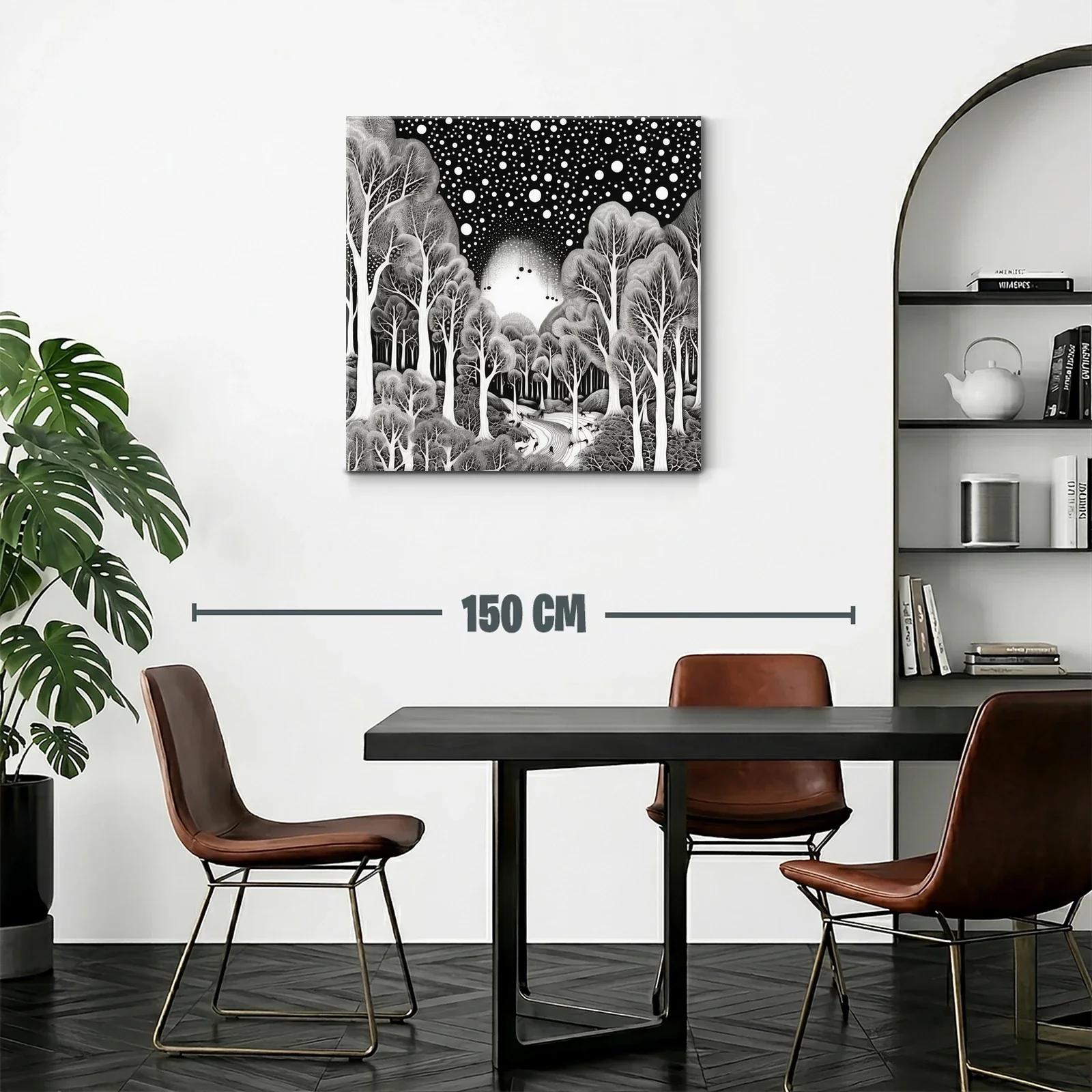 Bosque mágico bajo un cielo estrellado en blanco y negro — miniatura 2