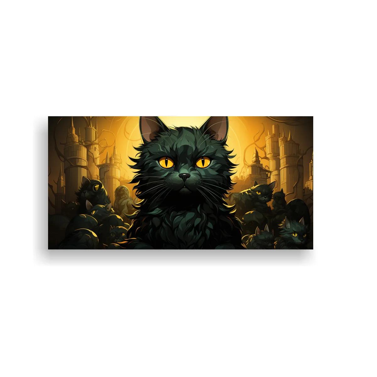 Cuadro gato negro de ojos amarillos con castillo dorado