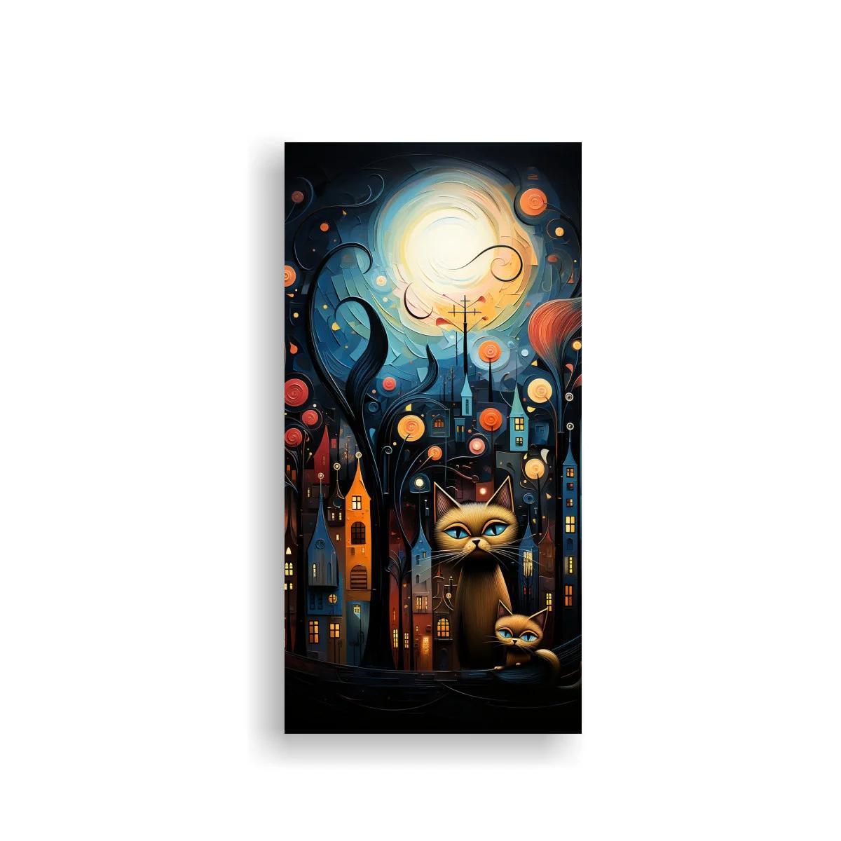 Cuadro gatos de ojos grandes con luna y luces redondas