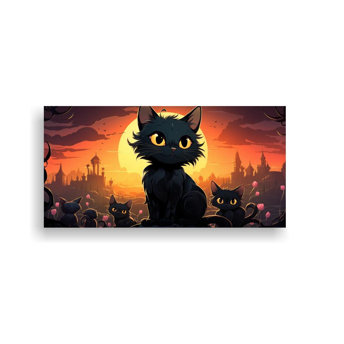 Cuadro gato negro de ojos amarillos con sol poniente