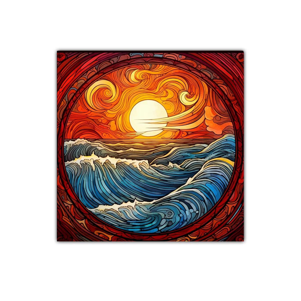 Paisaje vibrante de mar y sol en tonos cálidos y azules