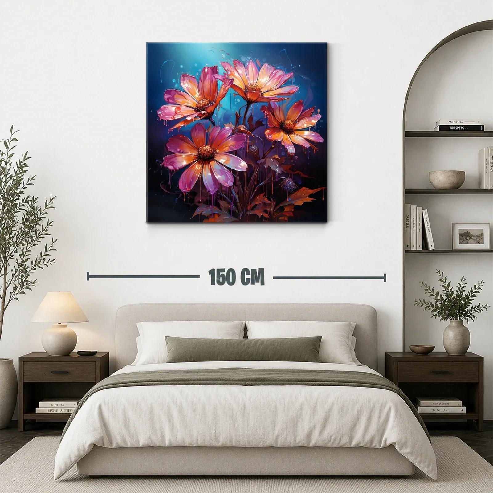 Cuadro floral vibrante con tonos cálidos y fondo azul oscuro — miniatura 3