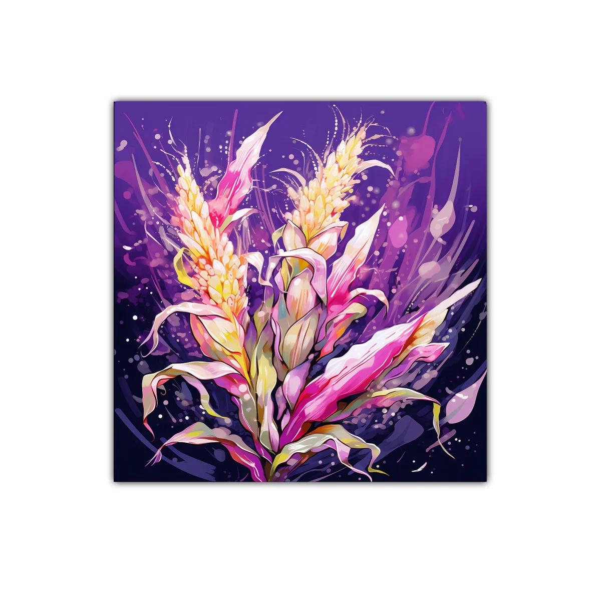 Cuadro decorativo con flores en tonos vibrantes y fondo púrpura