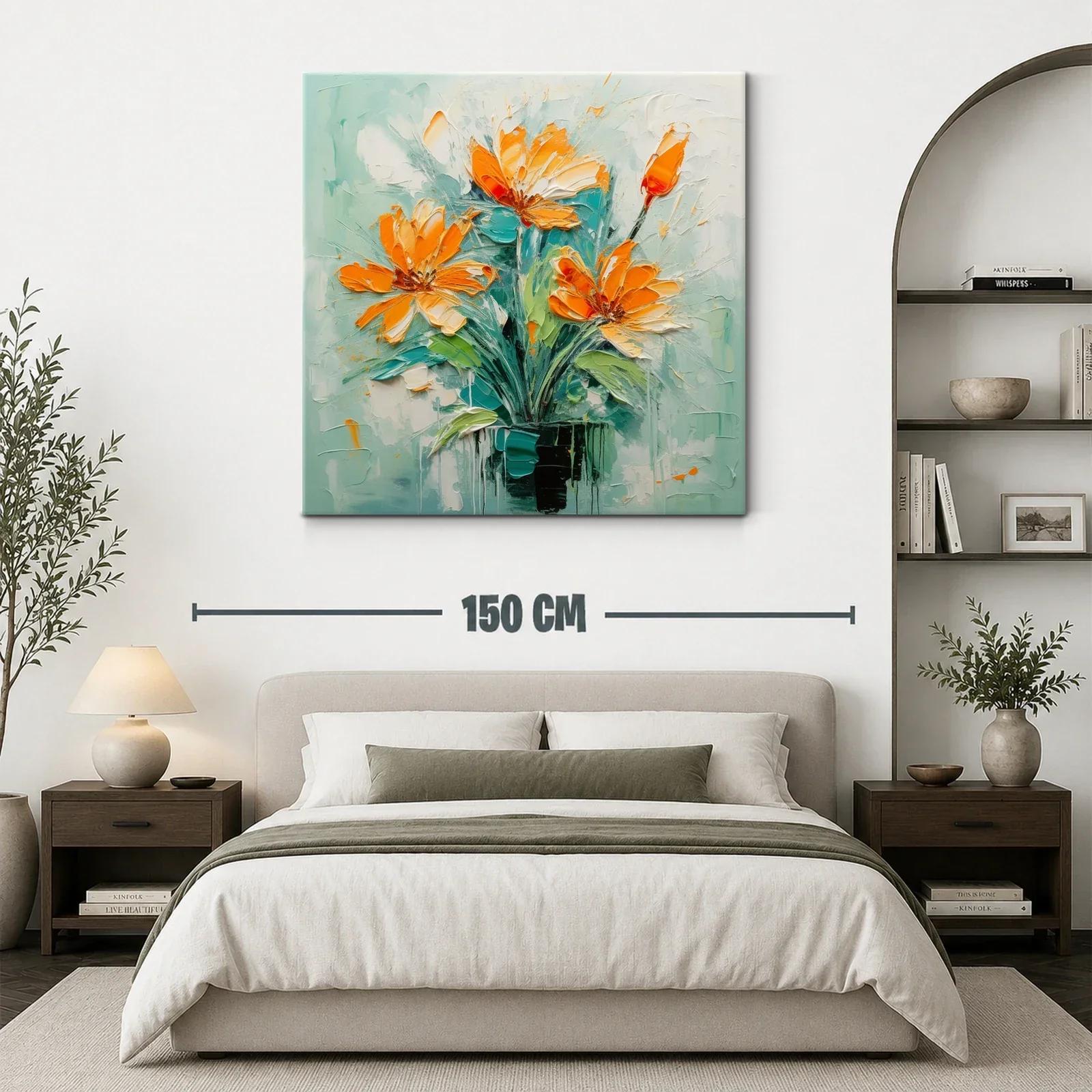Cuadro floral vibrante con tonos naranjas y verdes — miniatura 3