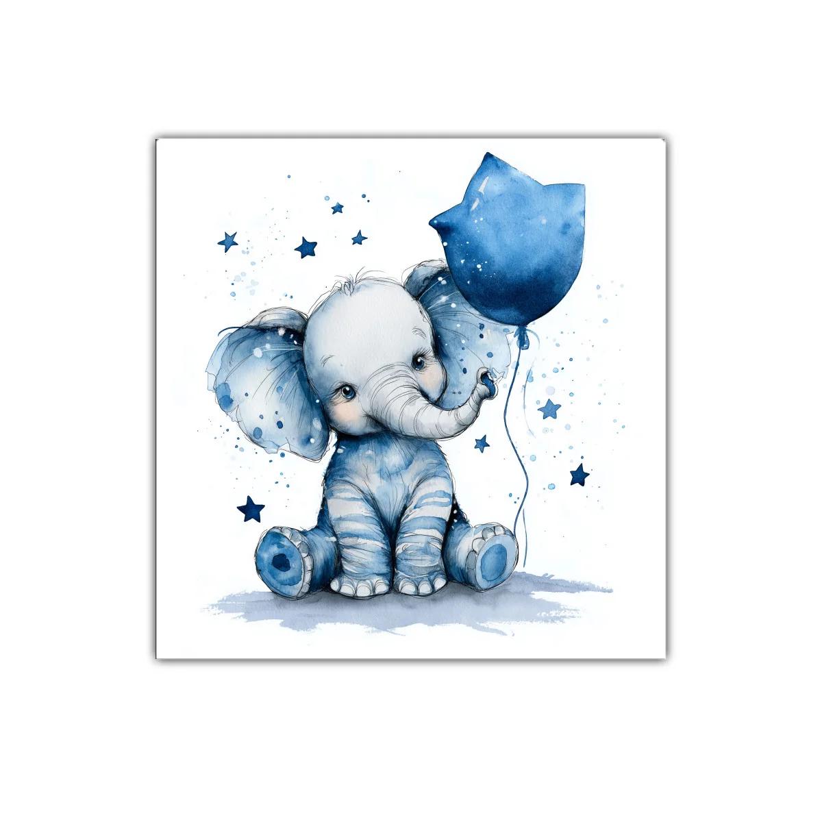 Elefante azul con globo y estrellas para habitación infantil
