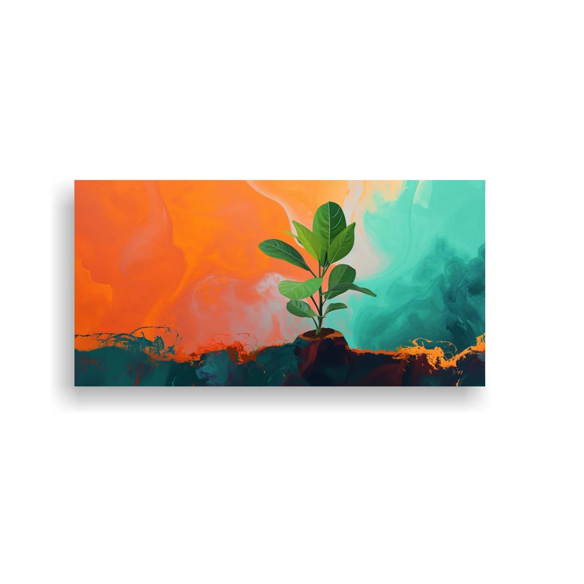 Cuadro planta de interior con fondo coral y turquesa