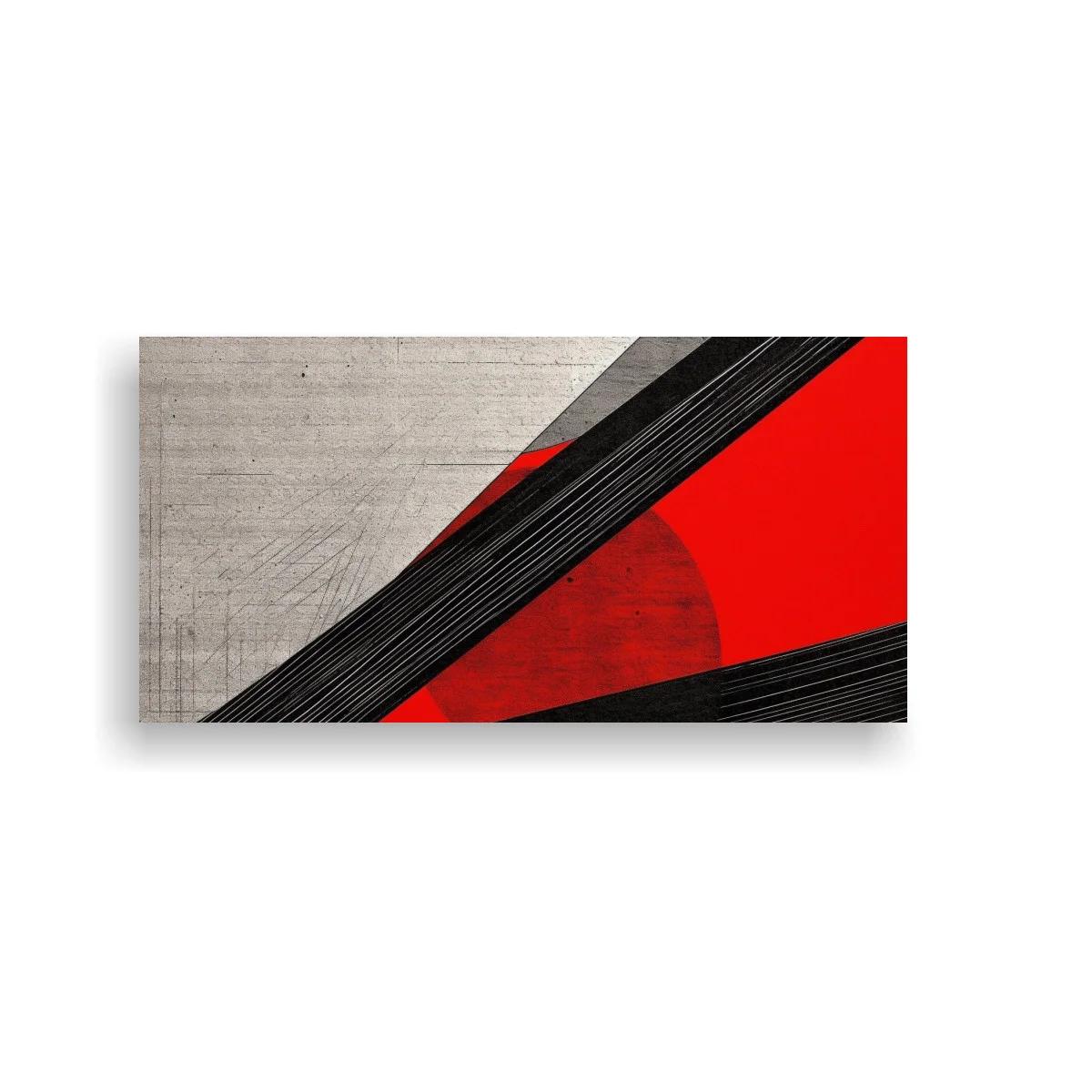 Cuadro abstracto con semicírculo rojo y diagonales negras