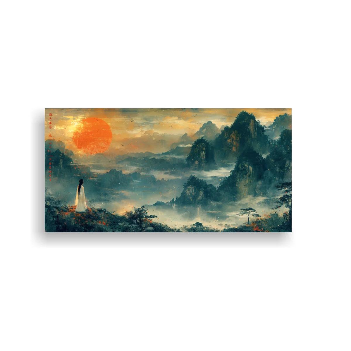 Cuadro paisaje montañoso con gran sol rojo y figura femenina