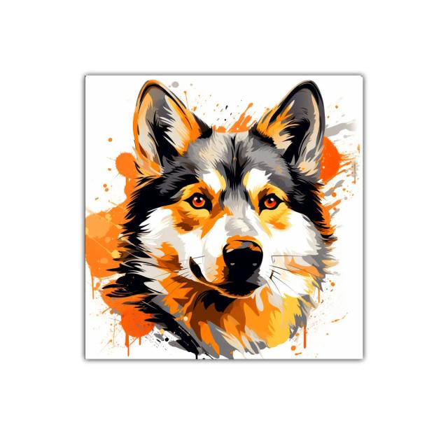 Retrato vibrante de perro husky en tonos naranjas y negros