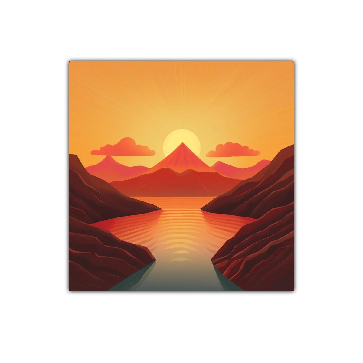 Paisaje cálido con montaña y lago al atardecer