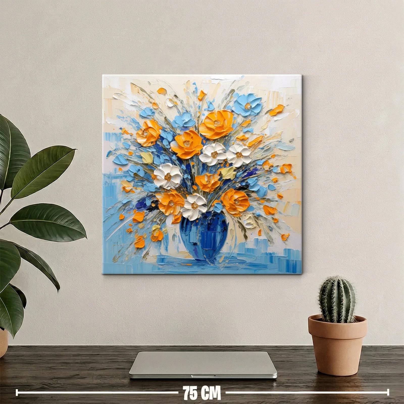Flores vibrantes en jarrón azul con tonos cálidos y frescos — miniatura 2