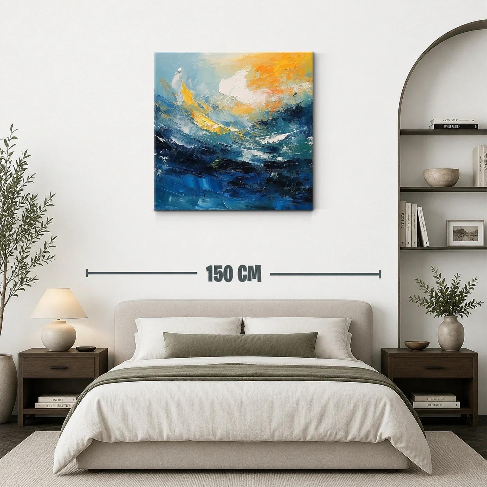Cuadro abstracto con dinámicas olas y cielo en tonos cálidos — miniatura 3