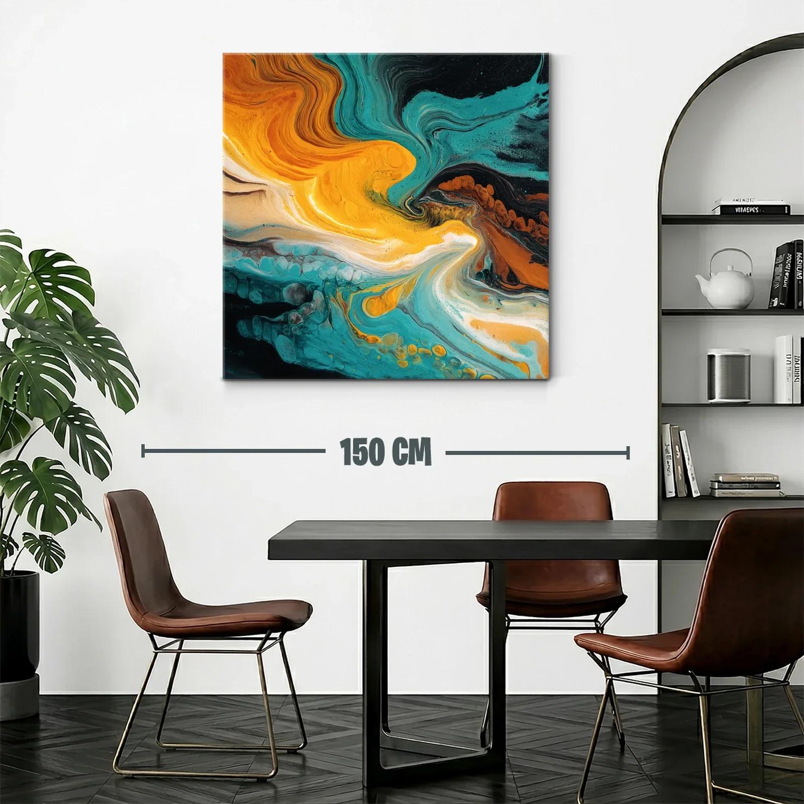 Cuadro abstracto con tonos turquesa y naranja vibrante — miniatura 2
