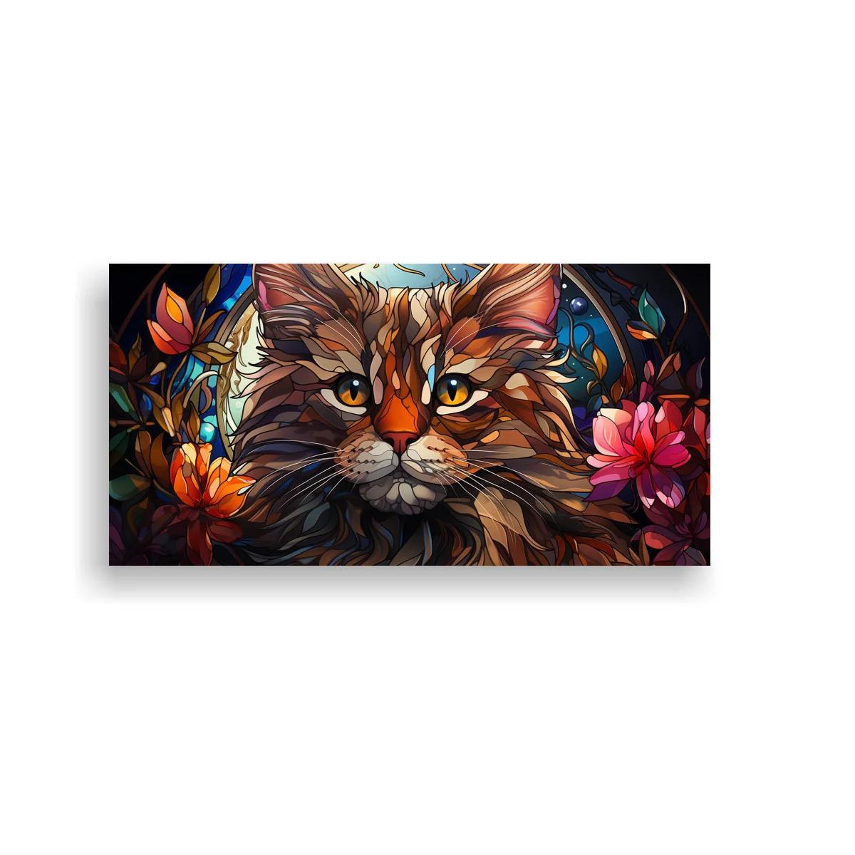 Cuadro gato atigrado de pelo largo con flores y follaje