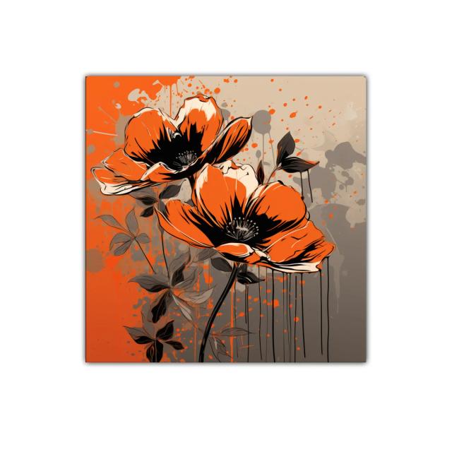 Cuadro floral con flores naranjas y fondo gris estilizado