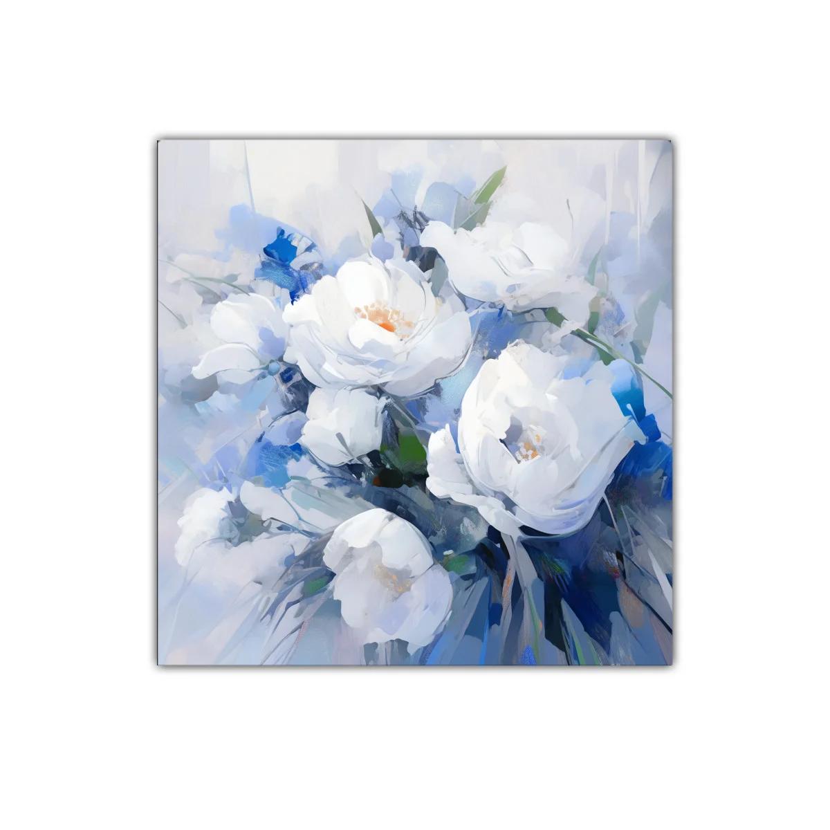 Cuadro decorativo con flores blancas y tonos azules suaves