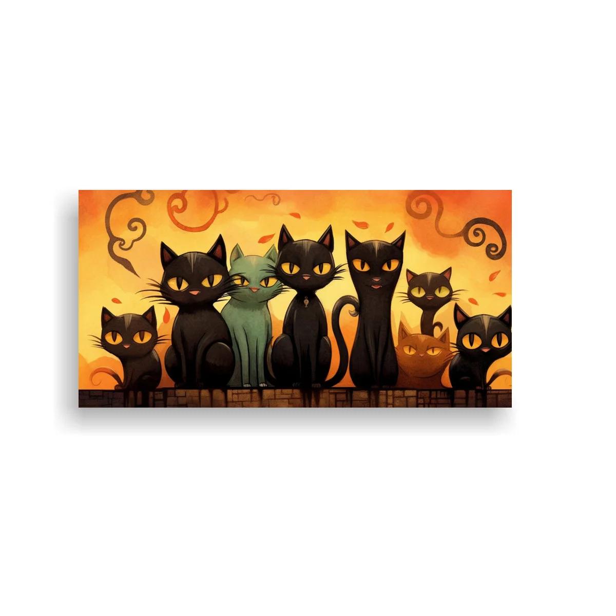 Cuadro grupo de gatos negros con ornamentos en espiral