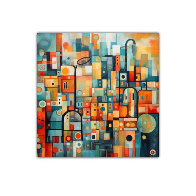 Cuadro abstracto con formas geométricas en tonos cálidos y fríos