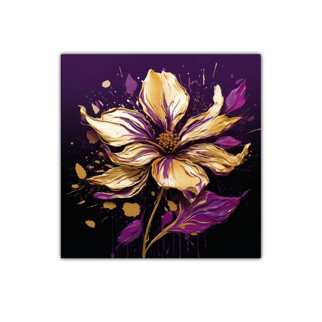 Flor vibrante en tonos dorados y púrpuras sobre fondo oscuro