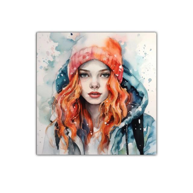 Retrato femenino con gorro y chaqueta en tonos fríos y cálidos