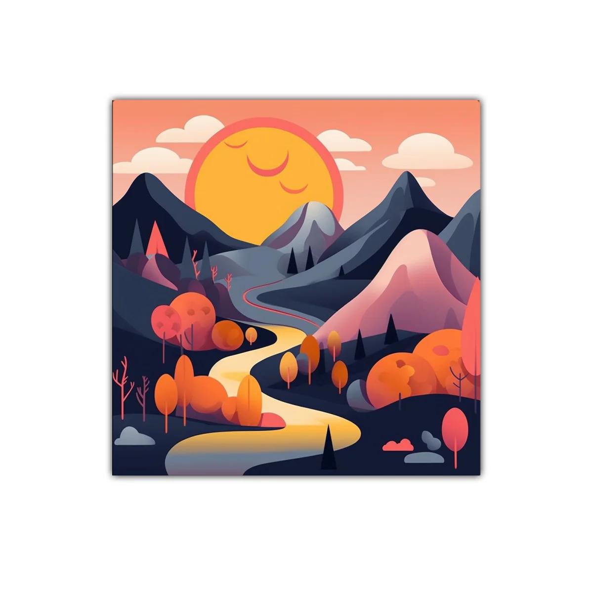Paisaje sereno con camino y sol radiante al atardecer